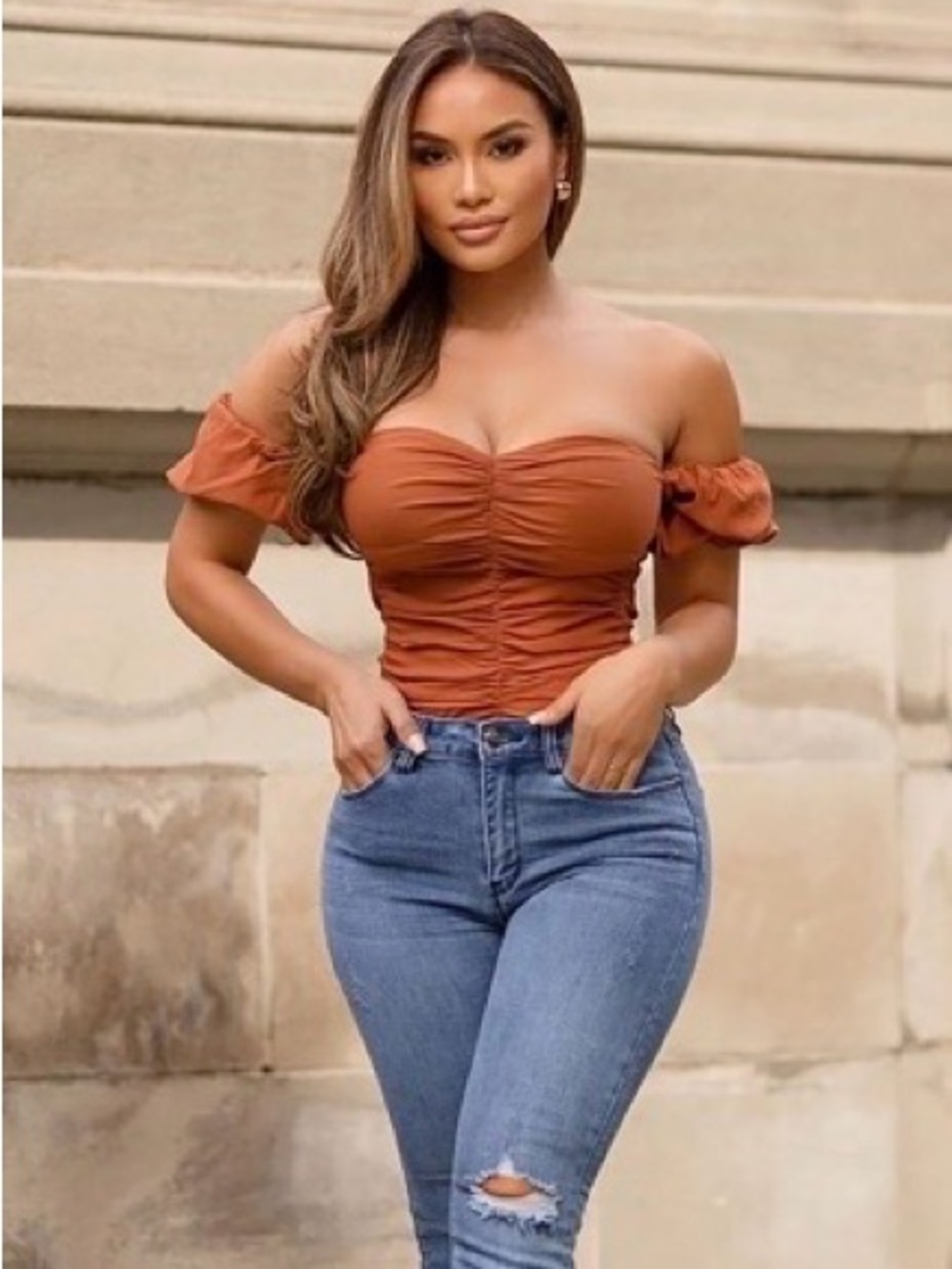Fashion Nova NWT With Desire Bodysuit in Rust Off-Shoulder Ruched Puff Sleeves